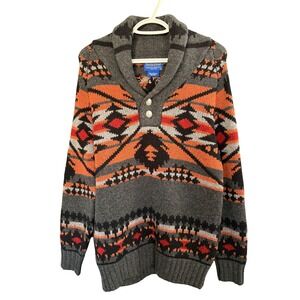 Pendleton Lambswool Aztec Shawl Sweater SM Gray Orange Western  Buffalo Buttons